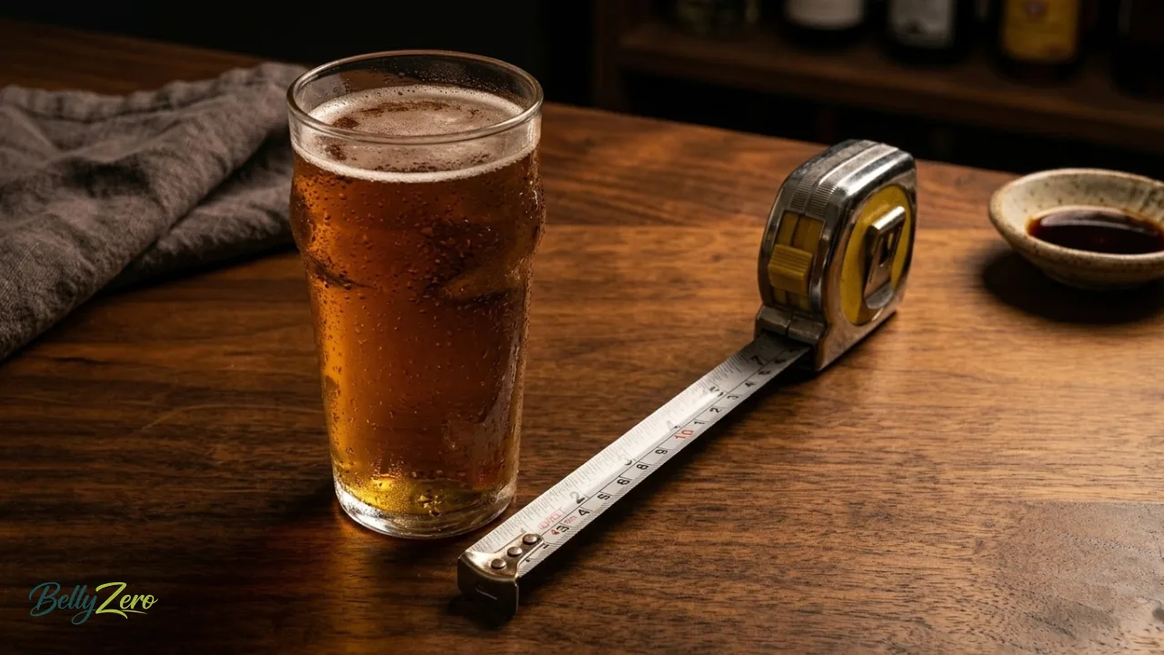 A pint of beer with condensation on the glass sitting on a bar counter next to a tape measure,
