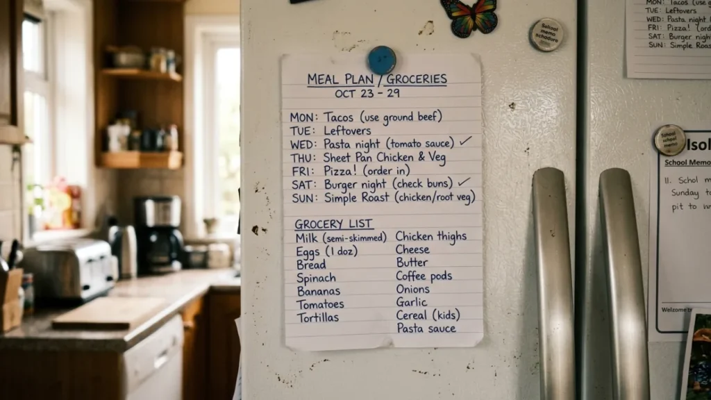 A refrigerator door with a simple handwritten meal plan or grocery list. 