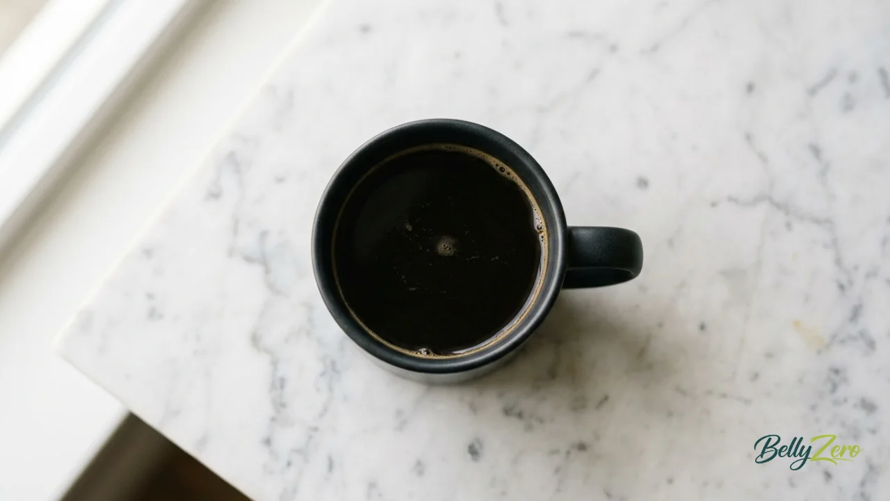 A simple, clean overhead shot of a black coffee in a dark matte ceramic mug.