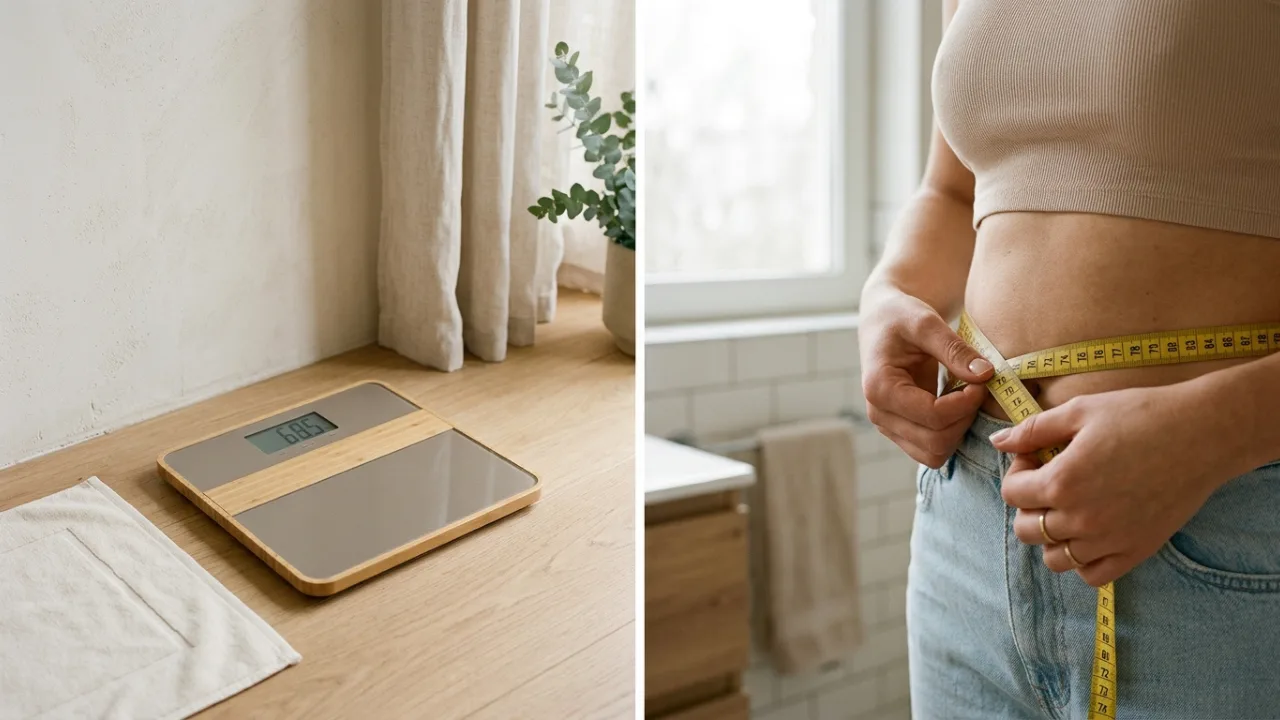 Does Creatine Help With Weight Loss? The Scale Is Lying to You 2 A split image comparing a bathroom scale on one side and a measuring tape wrapped around a waist on the other