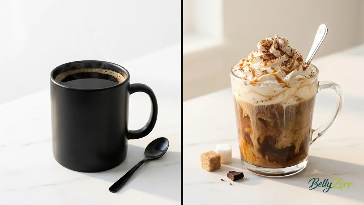 A split-image style photo: left side shows a clean black coffee, right side shows a heavily sugared and creamed coffee drink with whipped topping