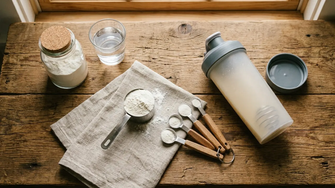 Does Creatine Help With Weight Loss? The Scale Is Lying to You 4 A wooden table with a shaker bottle, a small scoop of white powder, and a measuring spoon
