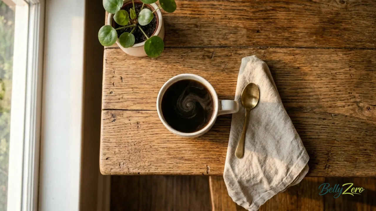 Coffee for weight loss: A warm, inviting flat-lay of a black coffee in a simple white ceramic mug on a wooden table