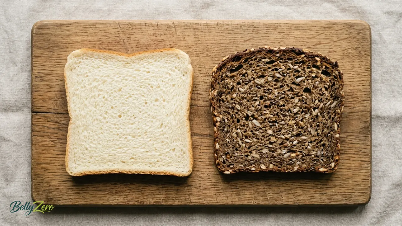 Side-by-side overhead shot of a pale white bread slice next to a dense whole grain bread slice