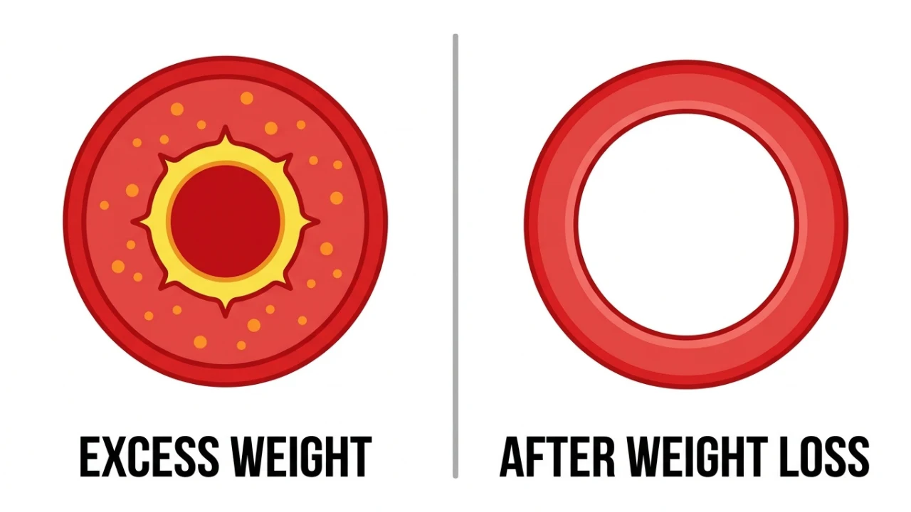 Simple medical illustration style graphic showing a cross-section of an artery, one panel narrow and stiff labeled "excess weight," one panel wider and relaxed labeled "after weight loss.