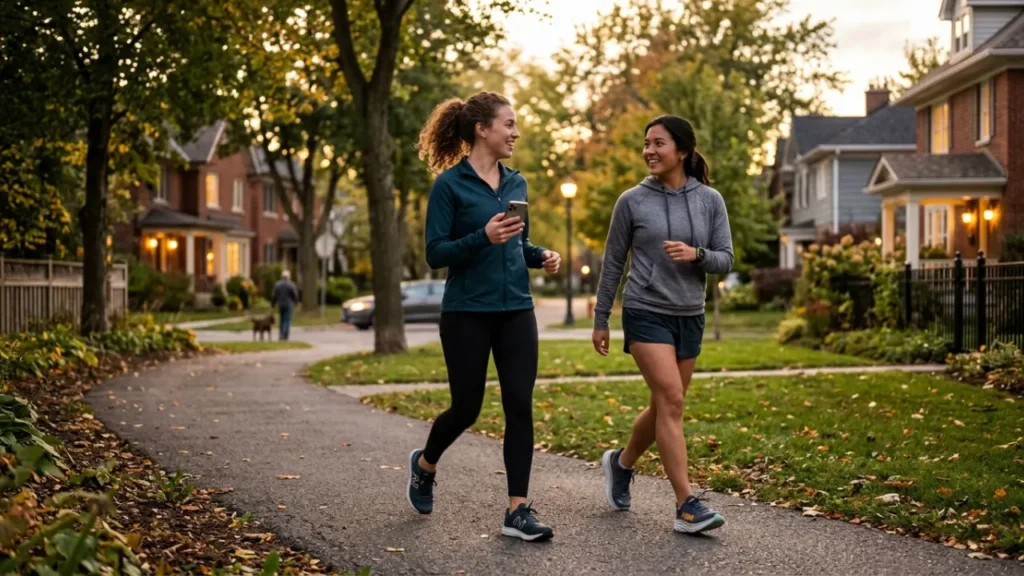 Two friends walking briskly on a neighborhood sidewalk in the early evening, casual clothing, phone or watch visible tracking steps