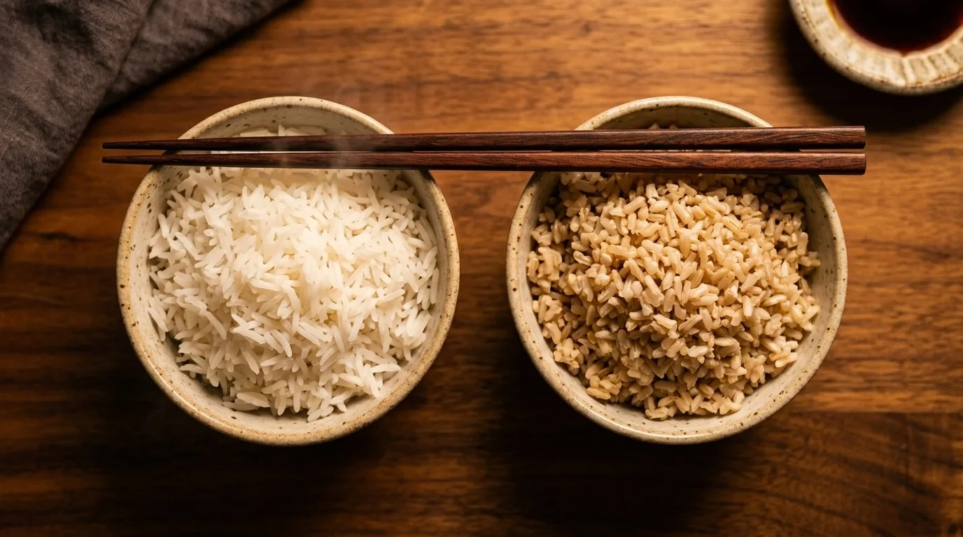 Two small bowls side by side, one with fluffy white rice and one with brown rice