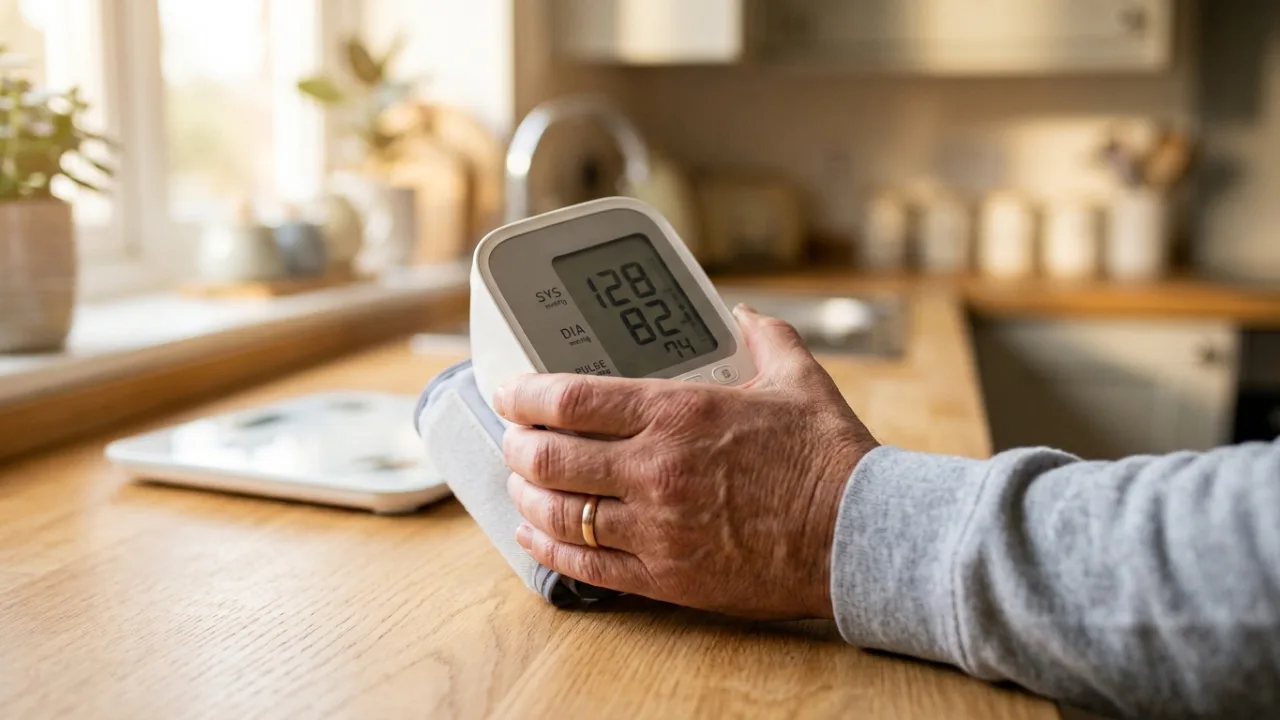 A hand holding a home blood pressure cuff with a clear digital reading