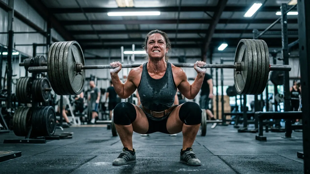 Does Creatine Help With Weight Loss? The Scale Is Lying to You 3 gym scene from a low angle showing a person mid squat under a barbell