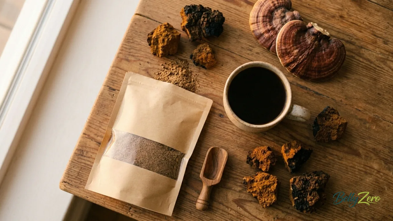 photo of a mushroom coffee blend in a kraft paper bag next to a mug of dark coffee, some whole dried mushrooms (chaga or reishi)