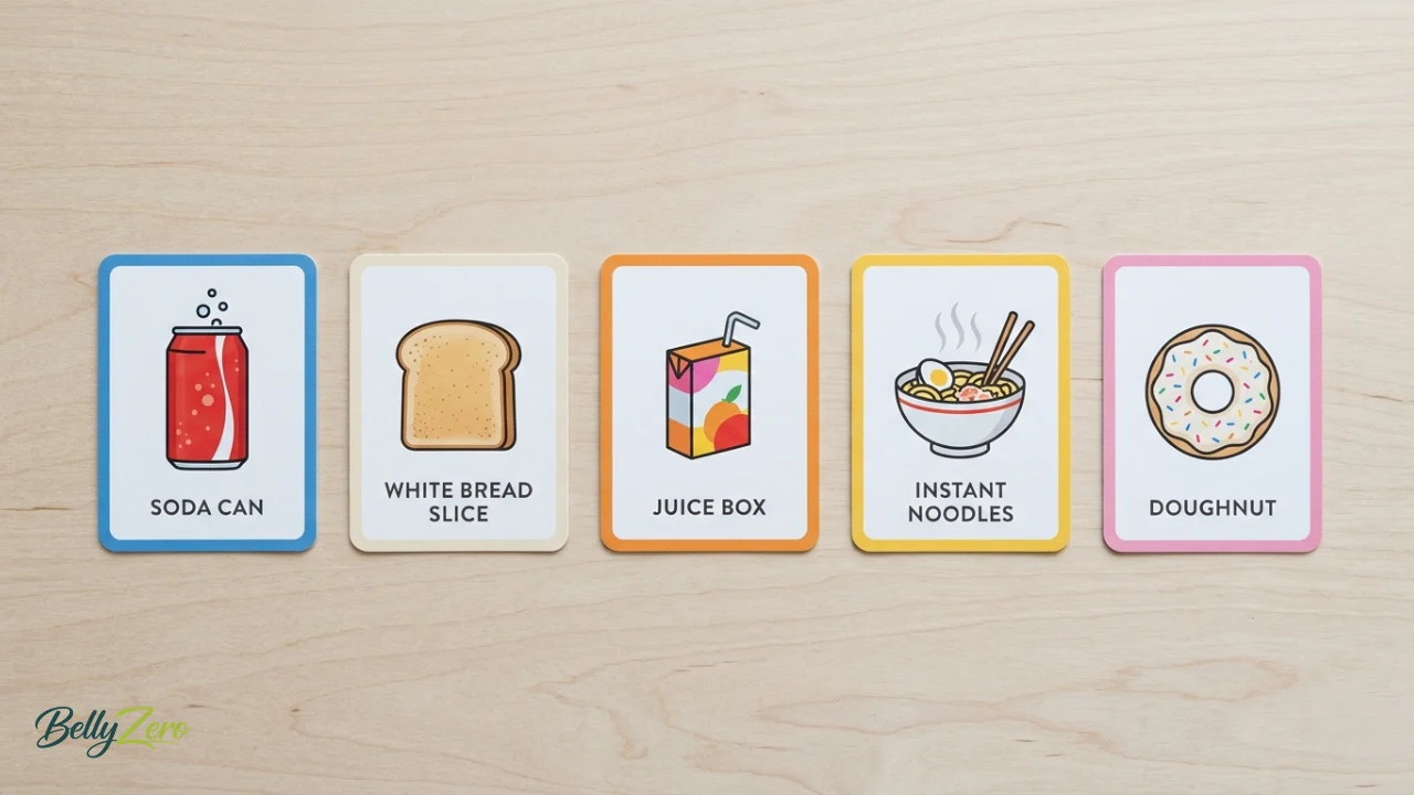 Soda can, white bread slice, juice box, instant noodles, doughnut